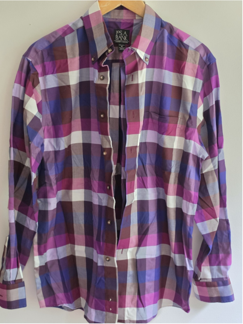 Jos A Bank Travelers Collection Tailored Fit Purples Plaid Button Down Shirt M